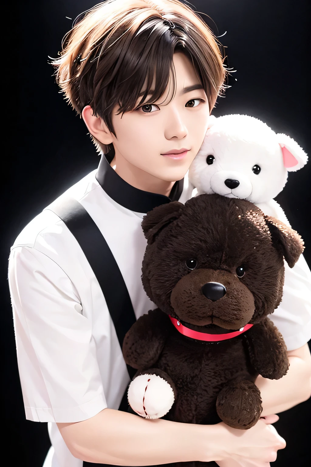 1 person、high quality,masterpiece,8K, (head shot),、、、、、、(big shirt)、、(put a stuffed dog on your shoulder)、((jet-black background:1.3))、、(brown messy hairstyle)
