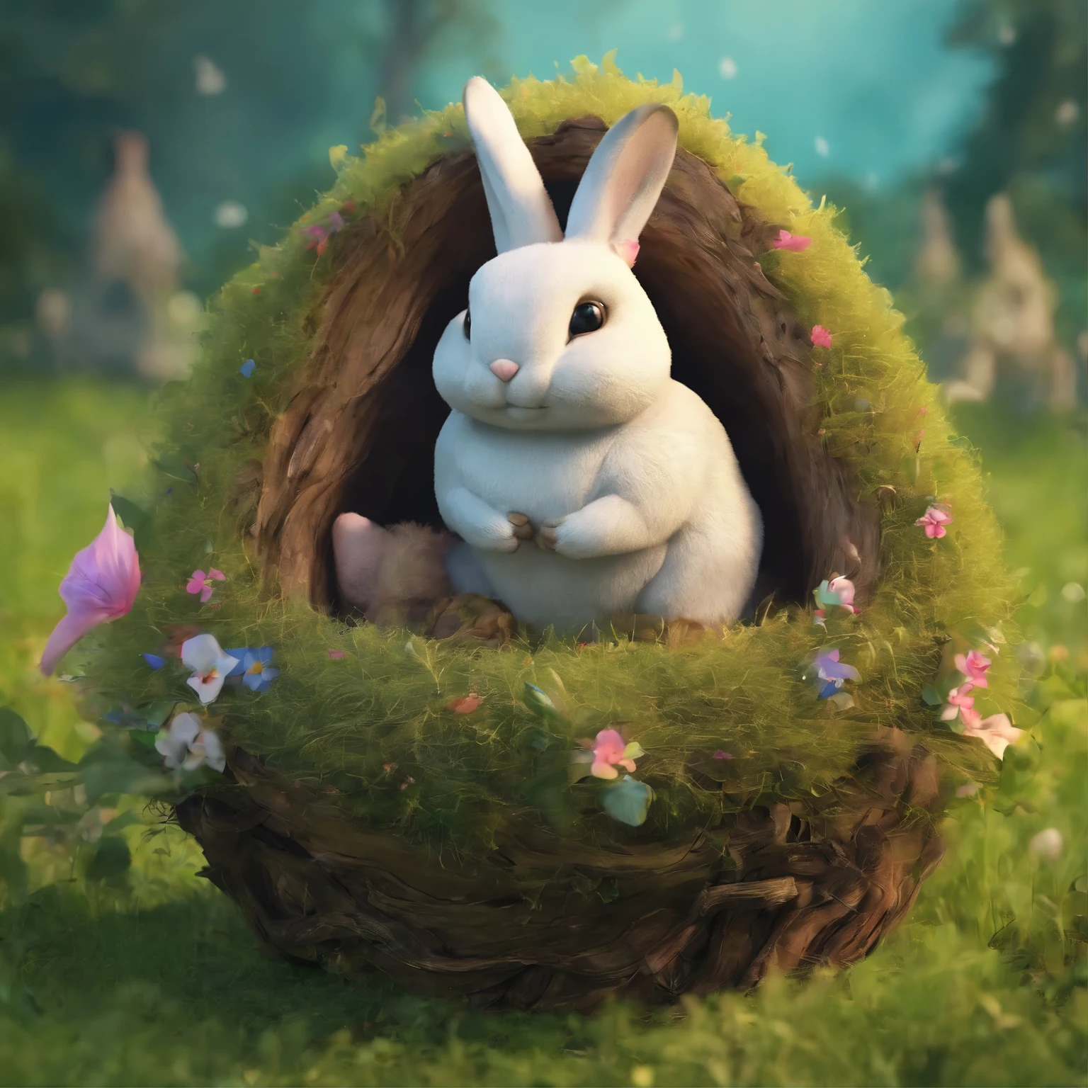 best quality, (super deformed, full body, big head:1.5, 3D), cute rabbit nest in the meadow