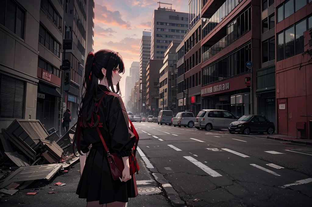 (urban apocalyptic scenario)
(Blood Red Sky)、heaps of corpses、lots of debris、Collapsed city、1 girl、black parker、Black skirt、black hair、long hair、
