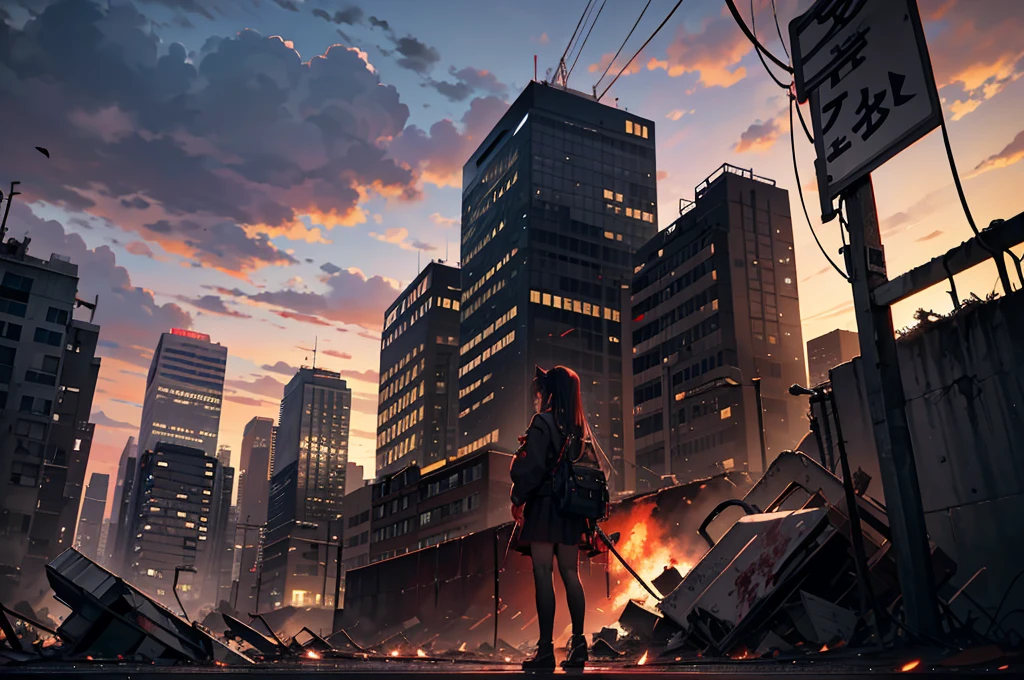 （urban apocalyptic scenario）
（Blood Red Sky)、heaps of corpses、lots of debris、Collapsed city、1 girl、black parker、Black skirt、black hair、long hair、