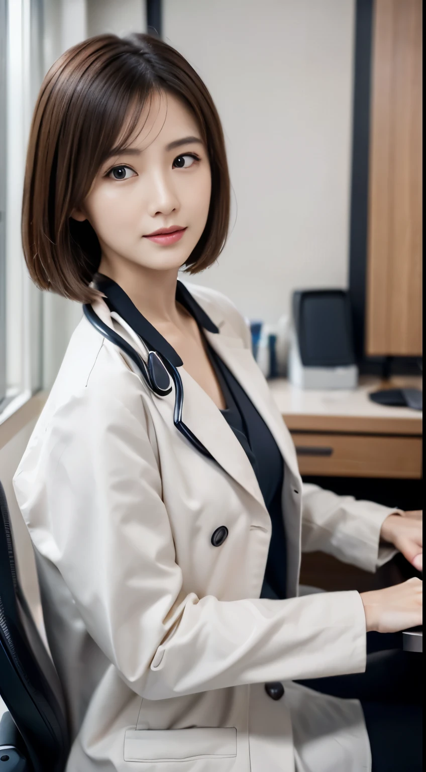 Photorealistic beautiful doctor、amazingly beautiful、(Doctor White Coat Naked),(topless)、(highest quality、8K、32K、masterpiece、nffsw:1.3)、ultra high resolution,(Photoreal:1.4),RAW photo, detailed face,,beautiful hair, ((Doctor Style)), (white doctor nude'coat),very short hair 、nipple、 natural makeup,, small perfect breasts、(hospital examination room、desk and chair、Computer on desk、Operating a computer keyboard at a computer), detailed background, perfect lighting, Depth of written boundary, beautiful shadow gradation,(Stethoscope) ,nippleが見えている、thin limbs、thin thighs、whole body、backwards、thin pubic hair