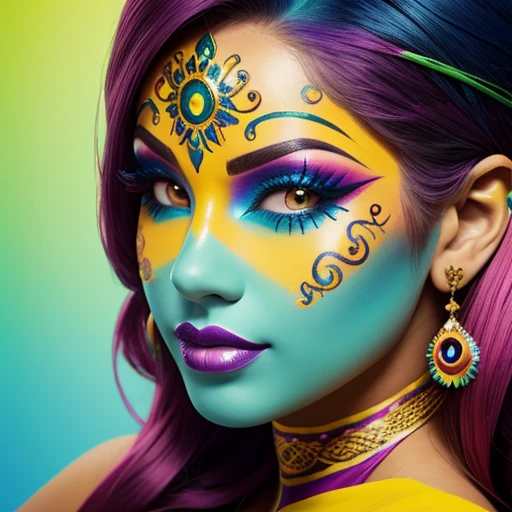 Cute Latina, wearing carnival makeup, colourful,face makeup, blue, yellow,green