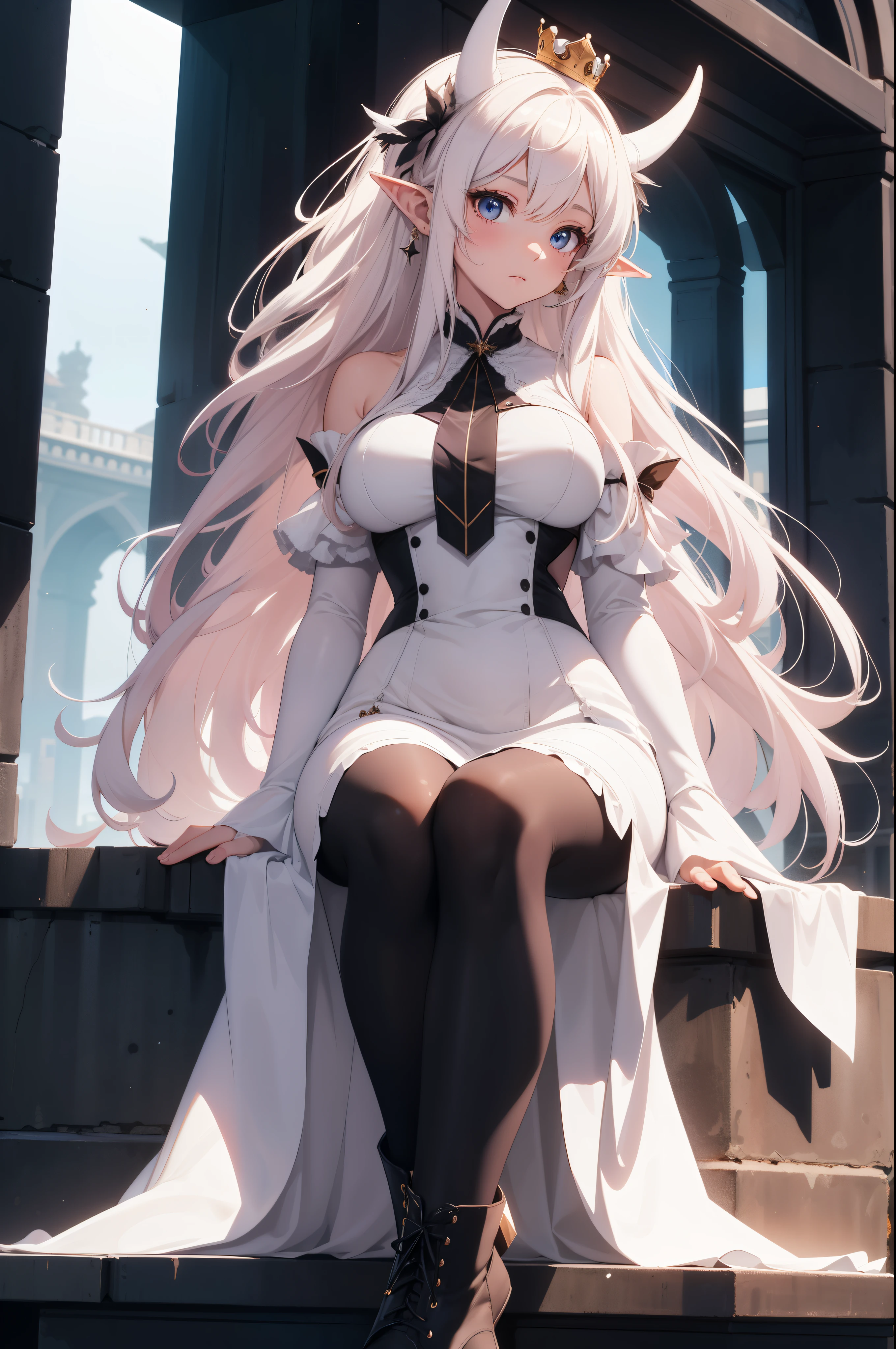 anime: style image of a woman wearing a navel corset dress in dress, cute anime waifu with a nice dress add_detail:1, seductive anime girl, , cushart krenz art key women, from the video game azur lane, Azure Lane Style, anime girl in a black dress, trend on artstation pixiv, red pupils add_detail:1, White hair, good figure add_detail:1, sitting on a ledge, futuristic city add_detail:1, view full body, barefoot, beautiful feet add_detail:1, small breasts, lolita add_detail:1, parciality nude add_detail, sensual girl, revealing dress undressing add_detail:1, very horny girl