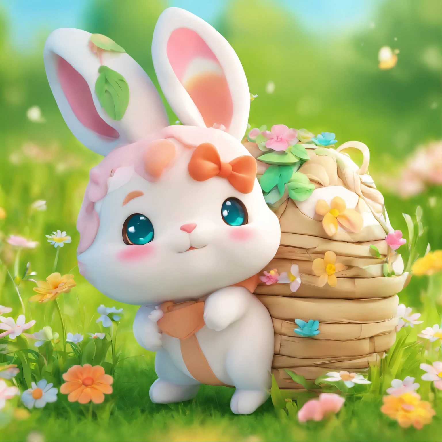 best quality, (super deformed, full body, big head:1.5, 3D), cute rabbit nest in the meadow