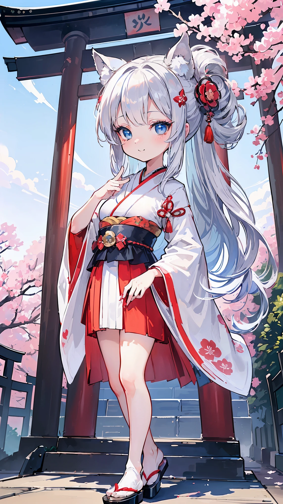 (((Masterpiece))), (((Highest quality))), ((Ultra-detailed)), ((Super fine illustration)), ((Ultra-fine painting)), (16K highest quality wallpaper:1.4), (Chibi:2.0), (Full body:1.6), HDR, (Highly detailed and delicate illustration style:1.8), Detailed skin texture, Detailed cloth texture, Extreme detailed description, (T-masterpiece), (Highly detailed face:1.2), (Highly detailed silver fox ears:1.2), (Highly detailed shiny hair half updo:1.2), (Highly detailed beautiful eyes:1.2), (Highly detailed silver nine tails:1.2), Original, RAW photo, Professional, Intricate details, Super details, Direct light:1.6, (Perfect anatomy:1.4), (Highly detailed hands:1.2), (Highly detailed fingers:1.2), (Highly detailed fingertips:1.2), (16-years-old), Real, (Solo:1.6), (An extremely beautiful and cute silver fox girl with blue eyes who is an idol and wears a bright red long-sleeved kimono with a floral pattern:1.4) BRAKE (Beautiful and adorable silver fox ears:1.4), (Highly detailed and delicate silver fox ears:1.6), (Beautiful and well-shaped big breasts), (Beautiful and well-shaped buttocks), (Beautiful and shiny glossy silver hair half updo:1.4), (Highly detailed and delicate silver hair half updo:1.4), (Beautiful clear and highly detailed blue eyes:1.6), (Highly detailed face:1.4), (Smile:1.3), (Blush:1.2), (Looking at viewer:1.4), (Celebration:1.3), (Standing:1.4), Very detailed, beautiful and perfect hands:1.4, Very detailed, beautiful and perfect fingers:1.4, Very detailed, beautiful and perfect fingertips:1.4 BRAKE (Bright red:1.2 long-sleeved kimono with floral pattern:1.4), (Japanese traditional costume:1.2) BRAKE (Highly detailed and beautiful Ise Grand Shrine in Mie Prefecture just after noon in the background:1.6), (Standing in front of the torii gate:1.4), (Celebration:1.3), Ise Grand Shrine:1.2, Torii gate of Ise Shrine:1.2, Grounds of Ise Shrine:1.2, Highly beautiful in the sunny sky background just after noon:1.4 BRAKE 