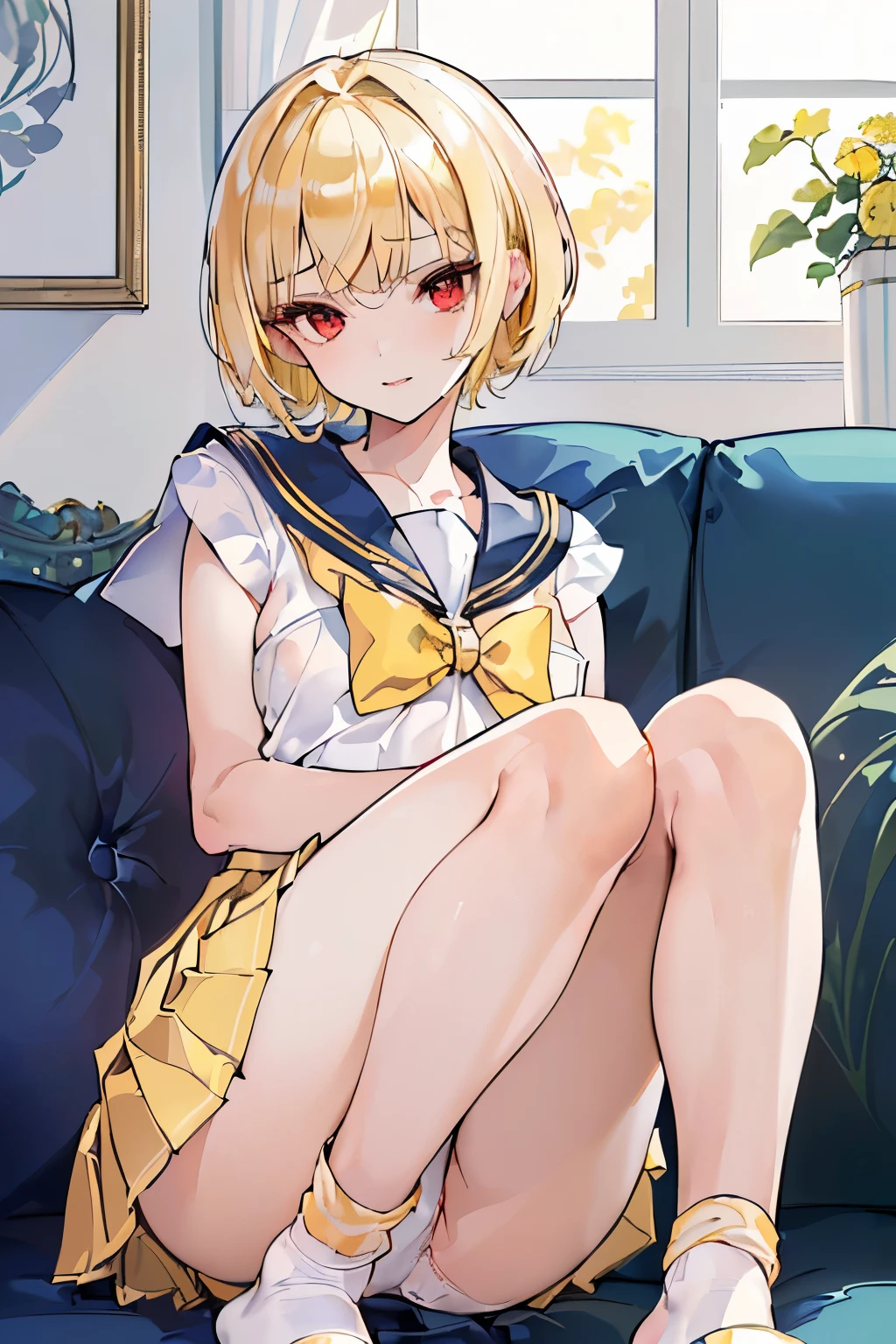 (((1girl))), ((best quality)), ((masterpiece)), ((ultra-detailed)), (illustration), (detailed light), (an extremely delicate and beautiful), (beautiful detailed eyes), (sunlight), ((extremely light)), 

((((sailor uniform and a brief pleated skirt)))),
 girl,

wavy short manish bob, (((yellow gold hair))), (((short hair))), 
(((deep red eyes))), 

((whole body)), aged 1mond, beautiful, ((extra elegant)), (((condescending expression))), (sexually mischievous smile),  (((extra adorable))), (((extra slender shape))), 

(((((sitting on her knees on the sofa with her legs erotically open wide)))),

((((exposed pure white cotton panties)))), (((extraordinarily thin thighs))),
(((ankle socks))),