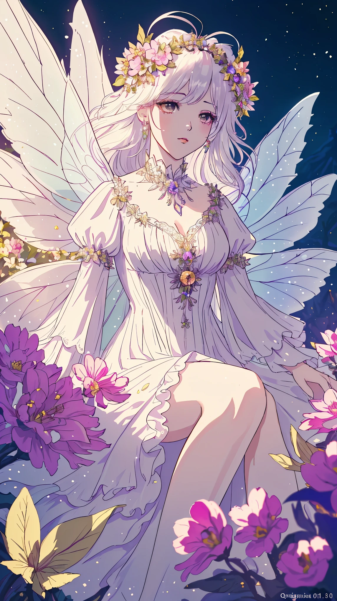 8K resolution，highest quality，Ultra-clear details，Queen:1.3，flower:0.8，dress，goth style，white hair，Epic composition，light and shadow:1.1，Fairy temperament，untidy，masterpiece，gentle，Flowy and free， 1.3，soft