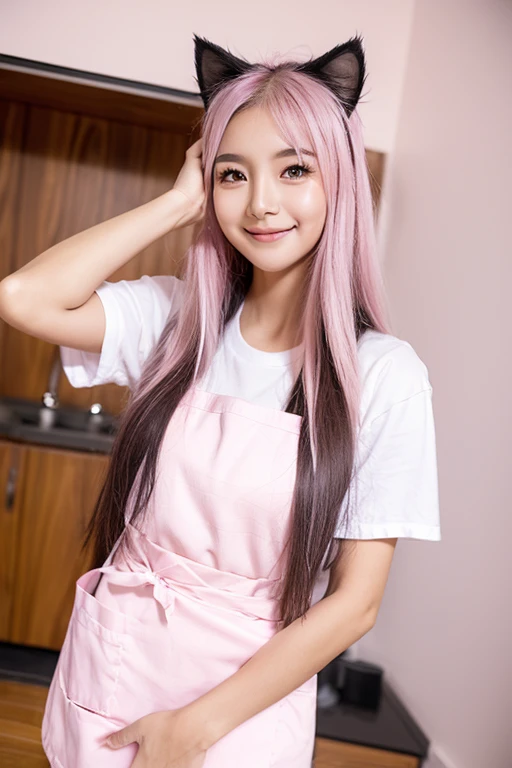 ((masterpiece, high quality, best quality)),Beautiful girl college student, cat ears, long hair, cat tail, pink hair, incoming gift, maid, brown eyes, holding gift, dutch angle, blush, apron, smile, open mouth,