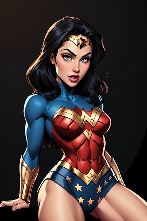 (cartoon style:1.2), Drawings of ([Wonder Woman]), perfect eyes, detailed face, black background, fun posing, flirty look, Centered, scale to fit the dimensions