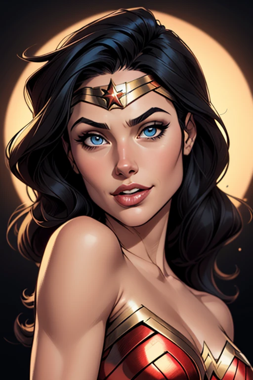 (cartoon style:1.2), Drawings of ([Wonder Woman]), perfect eyes, detailed face, black background, fun posing, flirty look, Centered, scale to fit the dimensions