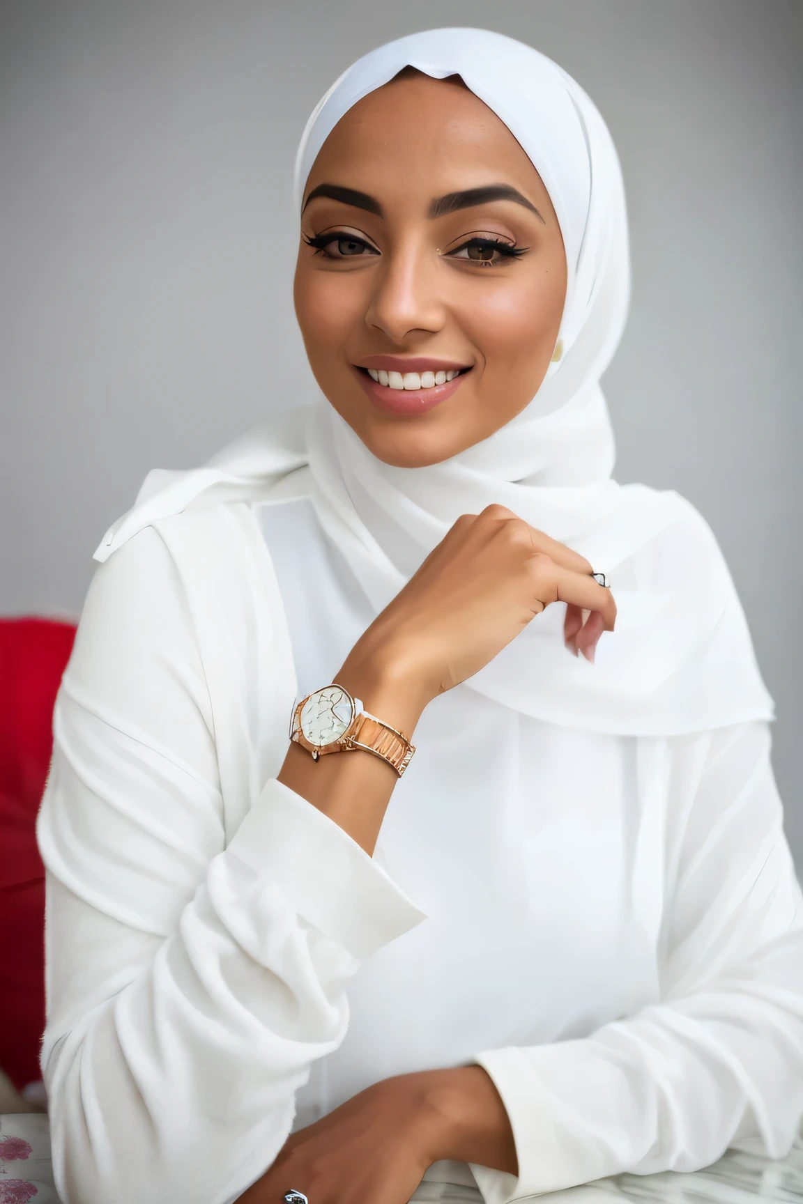 there is a woman wearing a white hijab and a watch, white hijab, african ameera al taweel, a beautiful woman in white, close up portrait shot, close - up portrait shot, mid shot portrait, photo of young woman, close up portrait photo, closeup portrait shot, portrait shot, detailed portrait shot, photoshoot for skincare brand, high quality portrait
