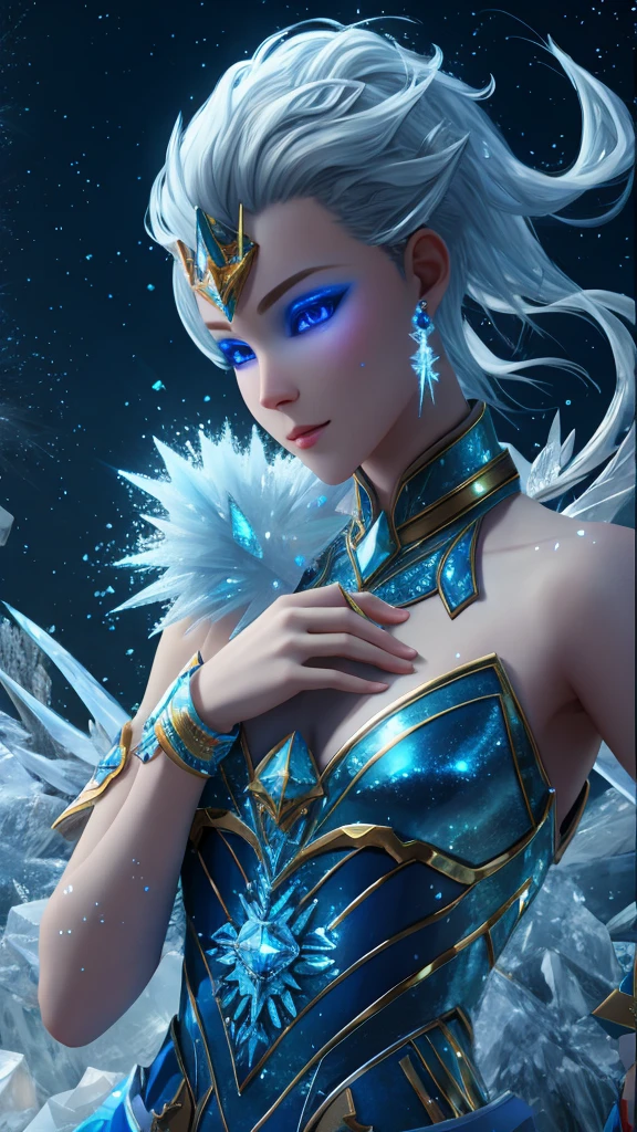 ice world background, global illumination, raytracing, slight glow in eyes, frosty skin