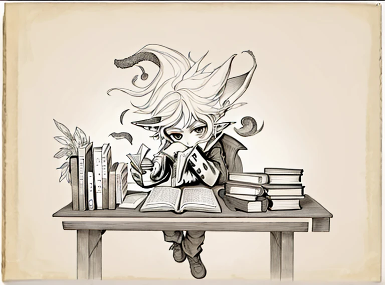 a drawing of a little elf, with long fluffy ears, sitting on a table with a book, inspired by Tony DiTerlizzi, by Tony DiTerlizzi, inspired by Anton Pieck, inspired by William Stout, storybook art, the librarian, tony diterlizzi and brian froud, detailed book illustration, exlibris, brian froud style, fantasy book illustration