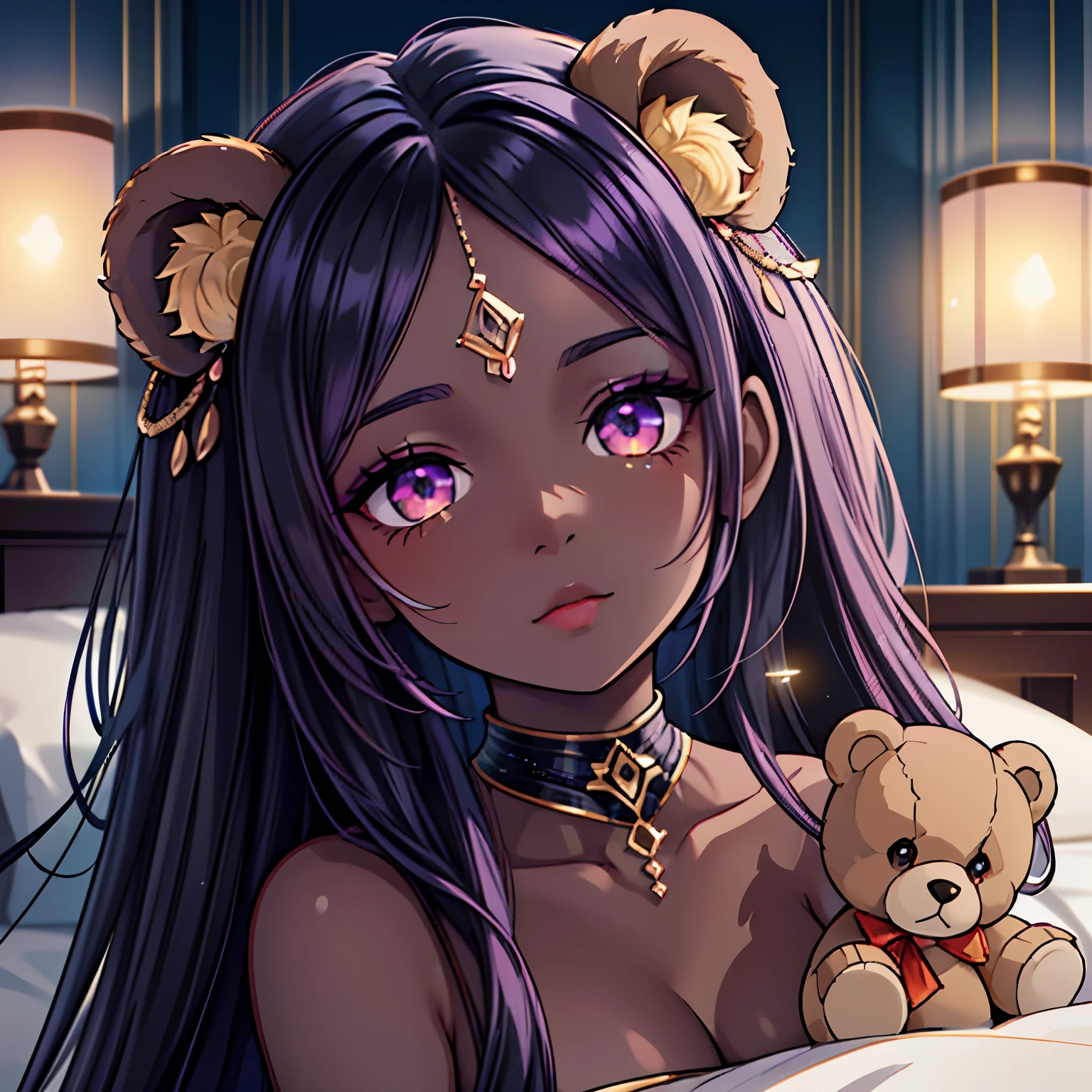 Anime girl with purple hair and purple eyes holding a teddy bear - SeaArt AI, image size:1536x1536