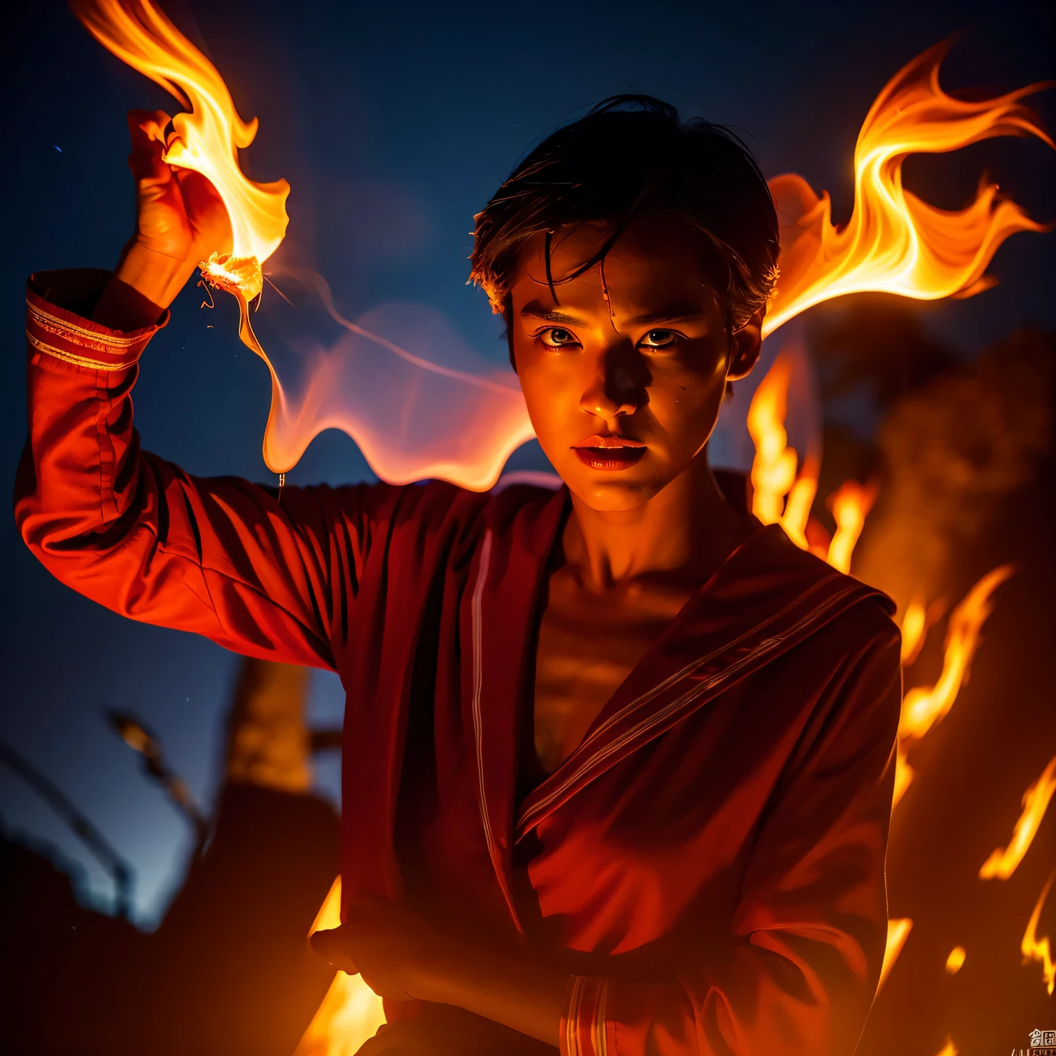 Burning Devil,A male demon、headに角、looking at the viewer、(red fire:1.4),
good hand,8K, High resolution, masterpiece, highest quality, head:1.3,((hasselblad photography)), sharp focus, (cinematic lighting), searchlight light、eerie smoke around、clavicle, night, soft lighting, dynamic angle, [:(detailed face:1.2):0.2], outside, city,Monochrome background, 