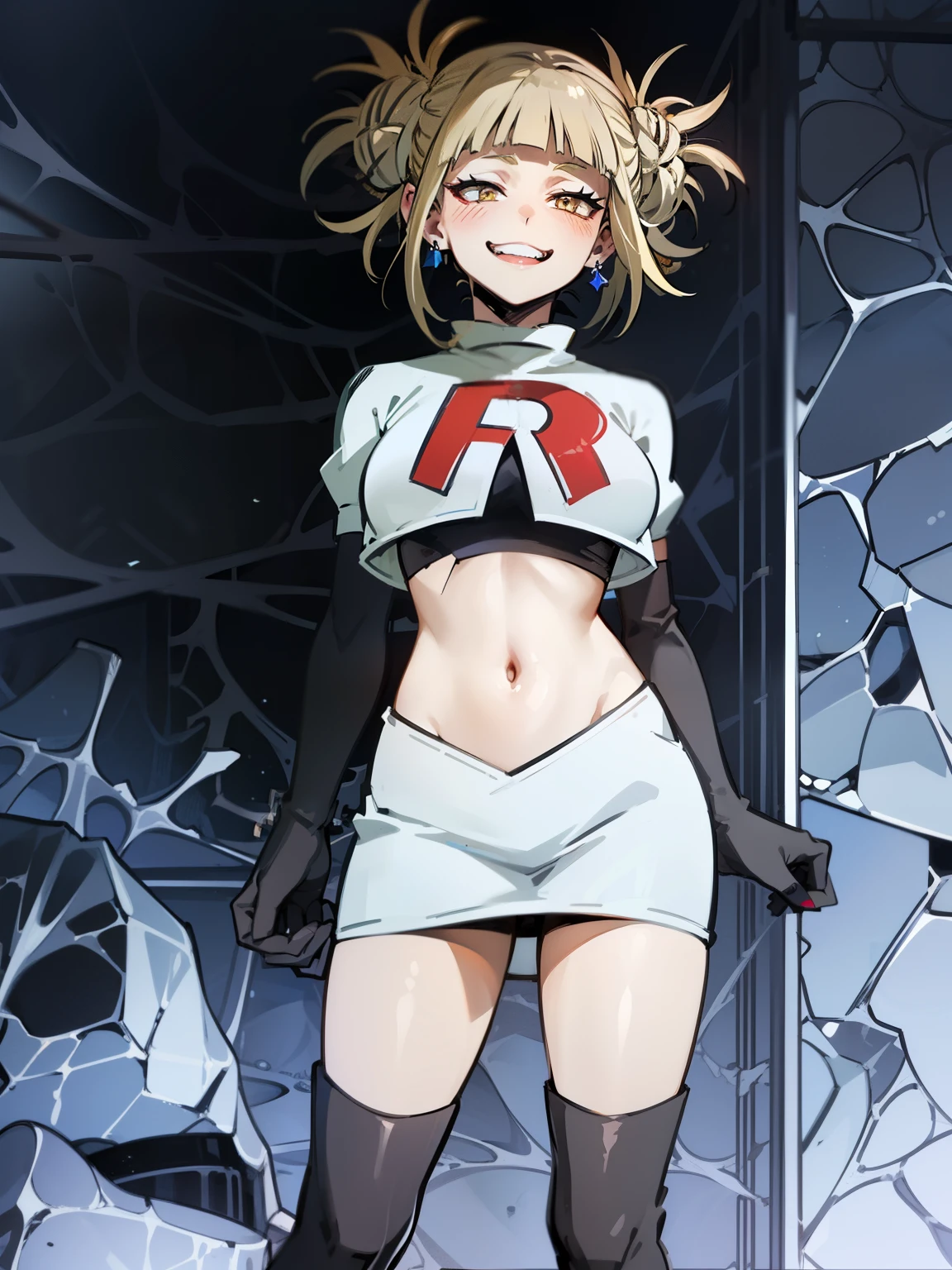 TogaHimiko_NDV, 1girl, yellow eyes, blonde hair, short hair, double bun, hair bun, messy hair, ,earrings, glossy lips ,team rocket uniform, red letter R, white skirt,white crop top,black thigh-high boots, black elbow gloves, evil smile, sexy poses