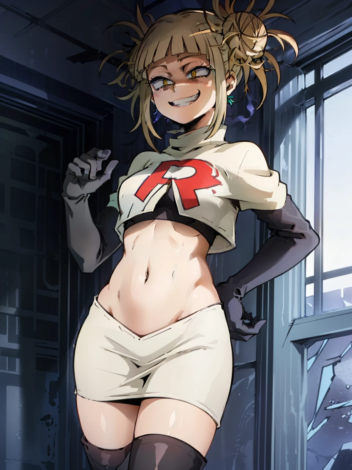 TogaHimiko_NDV, 1girl, yellow eyes, blonde hair, short hair, double bun, hair bun, messy hair, ,earrings, glossy lips ,team rocket uniform, red letter R, white skirt,white crop top,black thigh-high boots, black elbow gloves, evil smile, sexy poses