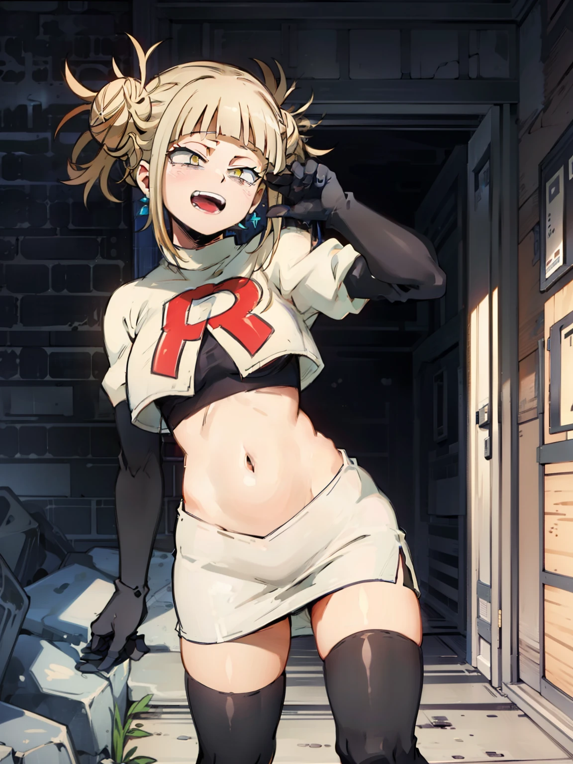 himikotoganova, 1girl, yellow eyes, blonde hair, short hair, double bun, hair bun, messy hair, ,earrings, glossy lips ,team rocket uniform, red letter R, white skirt,white crop top,black thigh-high boots, black elbow gloves, evil smile, sexy poses