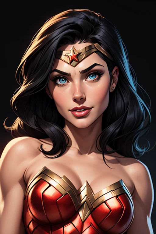 (cartoon style:1.2), Drawings of ([Wonder Woman]), perfect eyes, detailed face, black background, fun posing, flirty look, Centered, scale to fit the dimensions