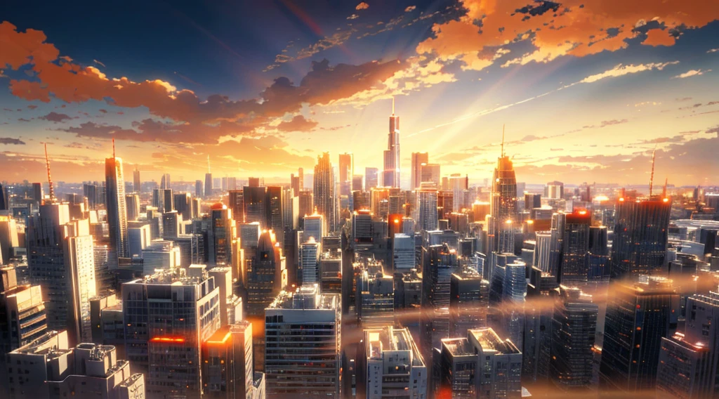 (masterpiece: 1.2, highest quality), (lit) 3, 詳細なanime styleのイラスト, City buildings bathed in the setting sun looking up from below, Buildings appear dark and hazy with shadows. The entire screen is bright red, makoto shinkai, anime style, Even the sky turns red.
