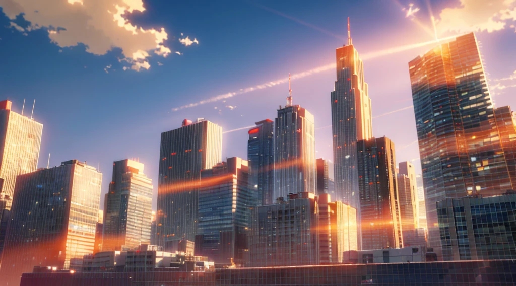 (masterpiece: 1.2, highest quality), (lit) 3, 詳細なanime styleのイラスト, City buildings bathed in the setting sun looking up from below, Buildings appear dark and hazy with shadows. The entire screen is bright red, makoto shinkai, anime style, Even the sky turns red.