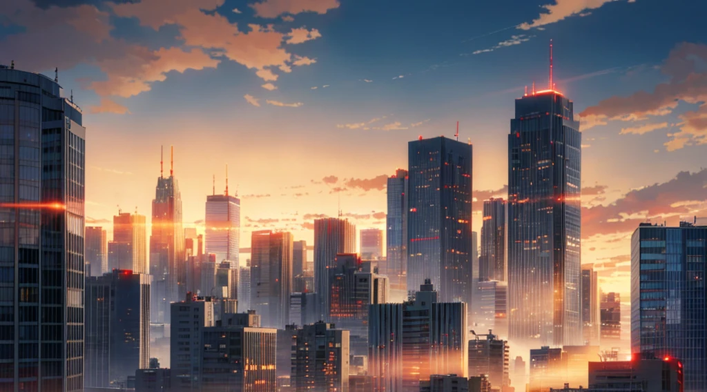 (masterpiece: 1.2, highest quality), (lit) 3, 詳細なanime styleのイラスト, City buildings bathed in the setting sun looking up from below, Buildings appear dark and hazy with shadows. The entire screen is bright red, makoto shinkai, anime style, Even the sky turns red.