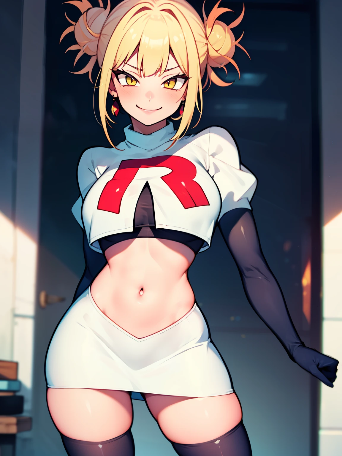 TogaHimiko_NDV, 1girl, yellow eyes, blonde hair, short hair, double bun, hair bun, messy hair, ,earrings, glossy lips ,team rocket uniform, red letter R, white skirt,white crop top,black thigh-high boots, black elbow gloves, evil smile, sexy poses