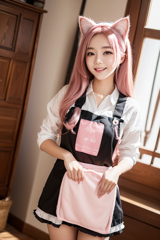 (Best quality,Ultra-detailed,Realistic:1.37),sliver long hair,Fantastic blue eyes,Happy woman beating eggs with chopsticks,Soft lighting,pink apron,illustration