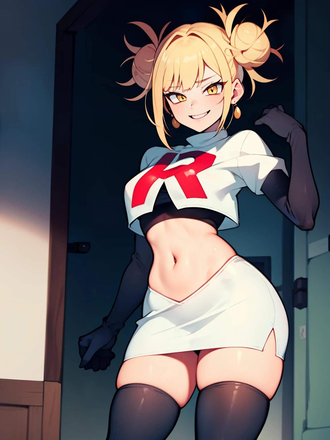 TogaHimiko_NDV, 1girl, yellow eyes, blonde hair, short hair, double bun, hair bun, messy hair, ,earrings, glossy lips ,team rocket uniform, red letter R, white skirt,white crop top,black thigh-high boots, black elbow gloves, evil smile, sexy poses