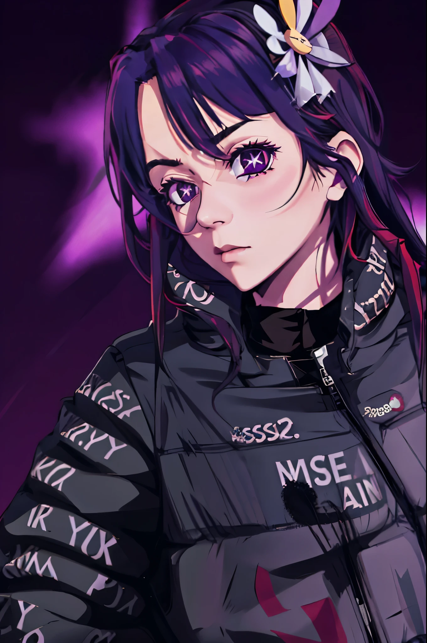 Hoshino Ai, long hair, purple hair, streaked hair ,purple eyes, star-shaped pupils, hair ornament drip jacket incrsdealwithit sunglasses