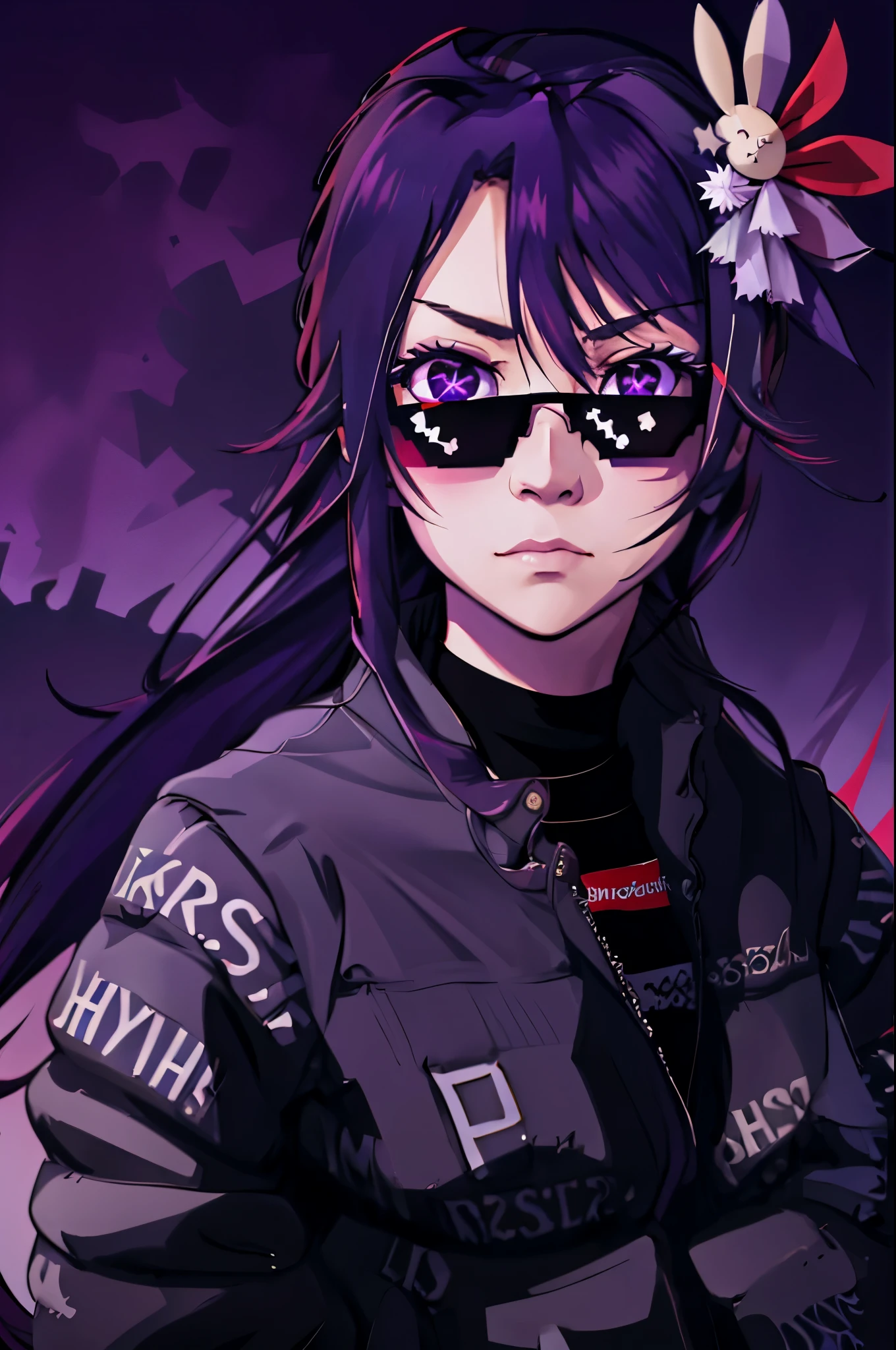 Hoshino Ai, long hair, purple hair, streaked hair ,purple eyes, star-shaped pupils, hair ornament drip jacket incrsdealwithit sunglasses