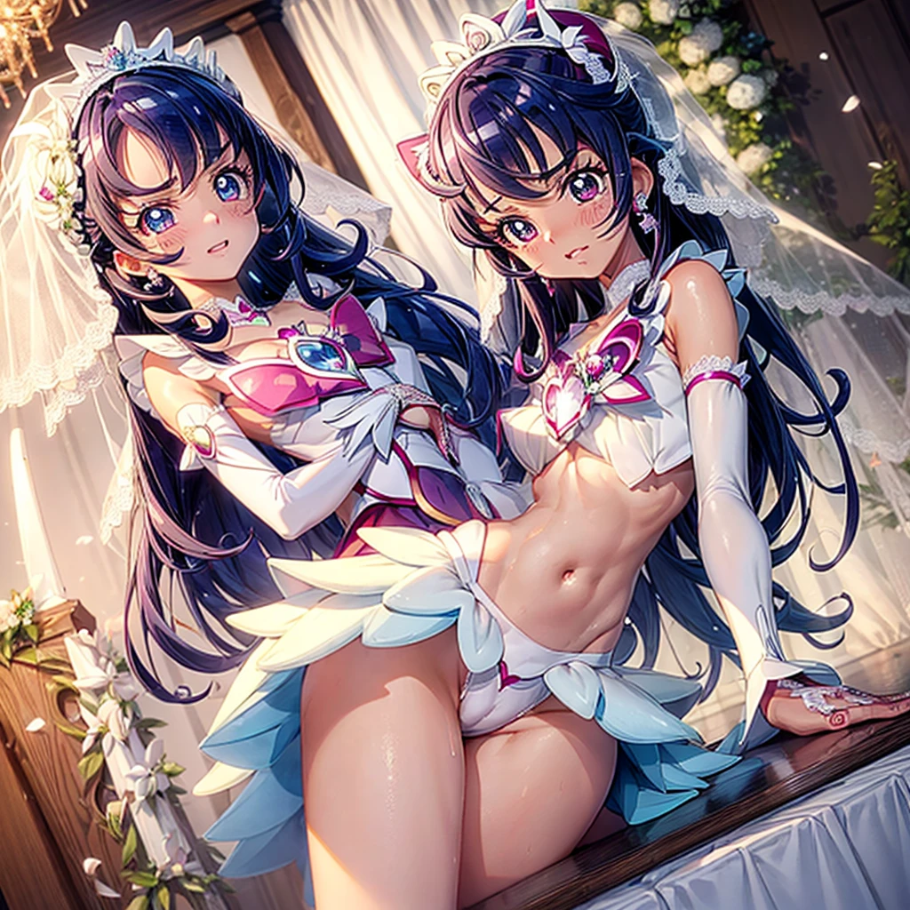 hight resolution, top-quality, ultra-quality, The ultra-detailliert, lighting like a movie、full of sweat、Wearing sweat、(((((((sexy precure wedding))))))、、、((My whole body is sweaty、after sex、spread legs and show off pussy、not wearing underwear、accurate anatomy、beautiful nipples、protest、angry face、blush、masturbation、Dynamic pussy show, on body、cum on face、cum on hands))、Obscene atmosphere、))
