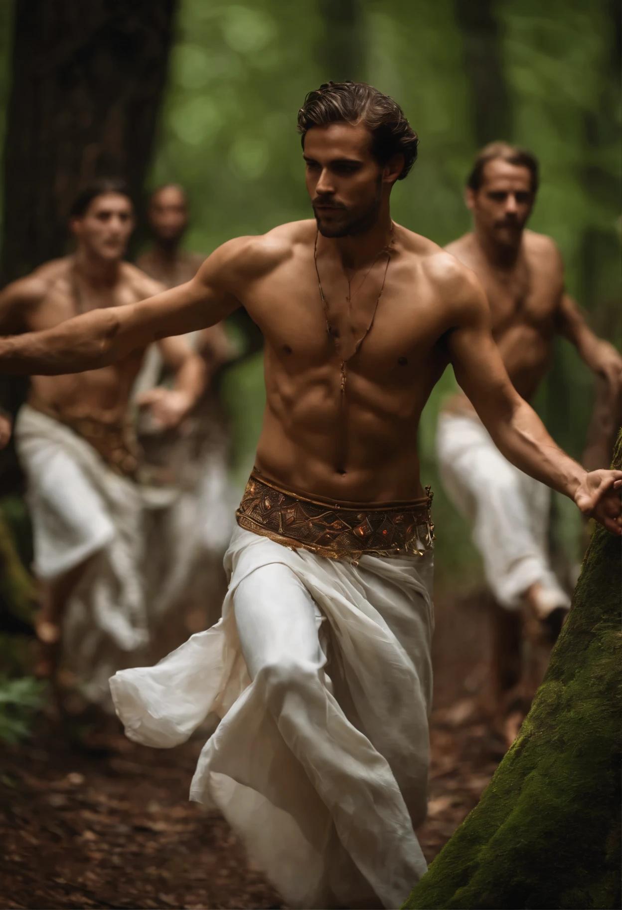 Several men dancing in the forest without clothes. Elfos. Magia. Mystical. Bruxaria. Fantasia. Diversas etnias. Realista. Sheba. Branco. Dourado. Flores, margaridas. Delicado. Forte. Poder