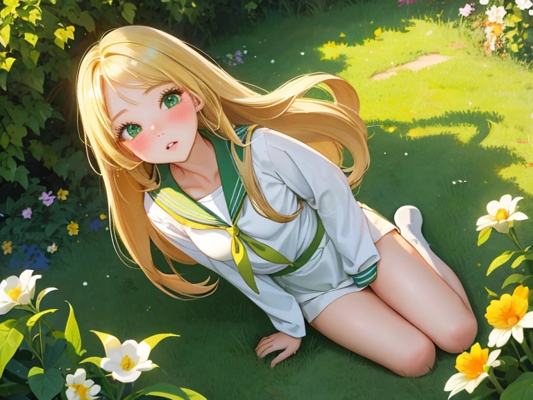 (masterpiece, highest quality), 1 girl, alone, face, parted lips, looking at the viewer, light blush, 軽い笑face,  long eyelashes, blonde hair, long hair down to waist, straight hair, Patsun bangs, green eyes, , white skin, outdoor, garden, sunlight,  sailor suit, ,  small perky breasts, suggest something sexual、full body composition