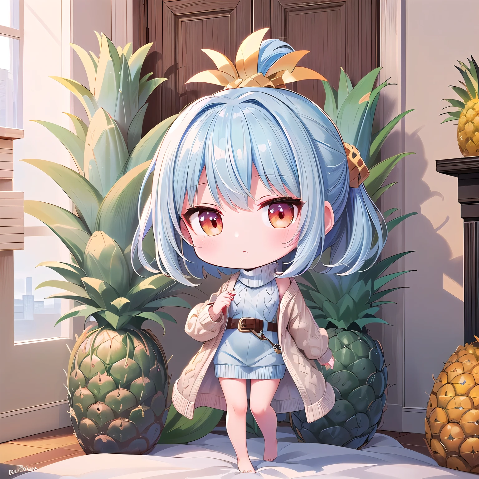 (Chibi, Pineapple, one girl: 1.4), (Masterpiece, almond-shaped eyes, glossy white-blue hair, short chignon hair, top quality, carefully drawn fingertips, beautiful anatomy : 1.4), (full body: 1.3), (Red cheeks, indifference, no expression, hair blowing in the wind: 1.2), (Slim and warm clothes, baggy clothes, fluffy sweater one piece, Celebrity Lifestyle, poncho , how a chibi sits ,bere foot: 1.2), (Elegant Holy morning: 1.3), (very spacious bedroom, ornamental plants, Pineapple Building, super gorgeous live view :1.3)