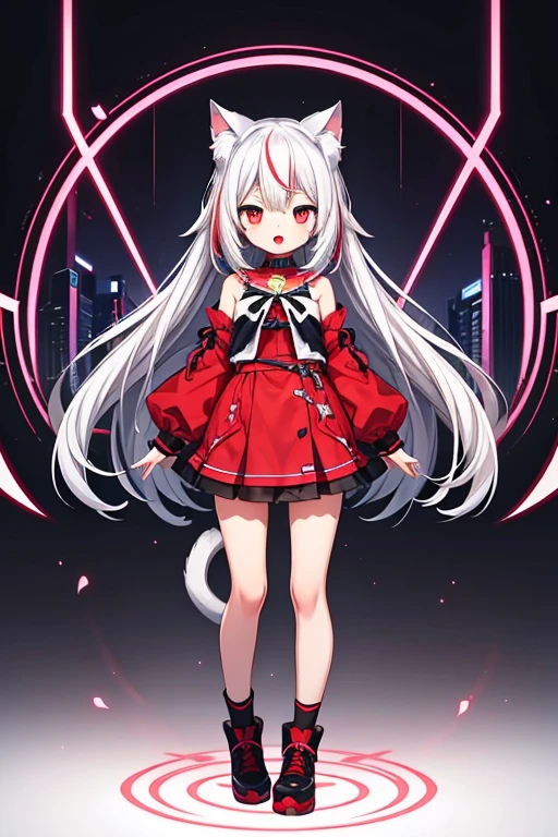 full body illustration, best quality, expressive eyes, perfect face, 1girl, looking at viewer, upright, arms at sides, concert art, white background, streaked hair, white hair, , full body, cat ears, red sclera eyes, standing straight, virtual_youtuber, three sided view, open mouth