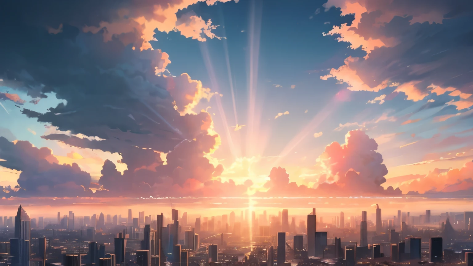 high quality, High resolution, extreme detail, no one, gray sky, feeling of hopelessness, "Enchanting sunset scene mesmerized by the rays of the sun and the golden rays of the majestic clouds, Create a vibrant color palette that inspires awe. table top." Looking up at the iridescent sky, Rear view, Degenerate cities, Dystopia,with backdrop of god rays, the sun up on the sky is strong, sky in a background, in the dramatic sky, end of the world, Miraculous cloudy background, sky in a background, Glowing clouds in the background, Some sun rays, Light and clouds, sky in a background, Clouds in the background, landscape