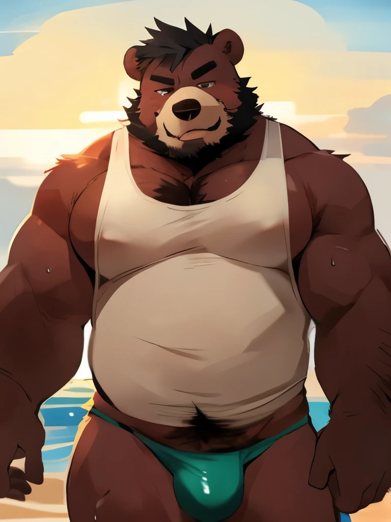 Chubby, furry,male , anthro bear, dark red fur, cream fur, black hair, very plump, middle aged , mouth covered mustache,Thick beard, seductive , detailed , half body , tight tank top, lifted up, chest and belly exposed, naked, hard penis, extremely hot and sexy, eye ls half closed, black pupils, eye contact, seductive, horny, hot, white tank top, speedo, sweaty, beach setting, afternoon, blue sky, hot temperature, day time, one arm raised, hairy armpit, by hyaku ,by darkgem, by glitter trap boy
