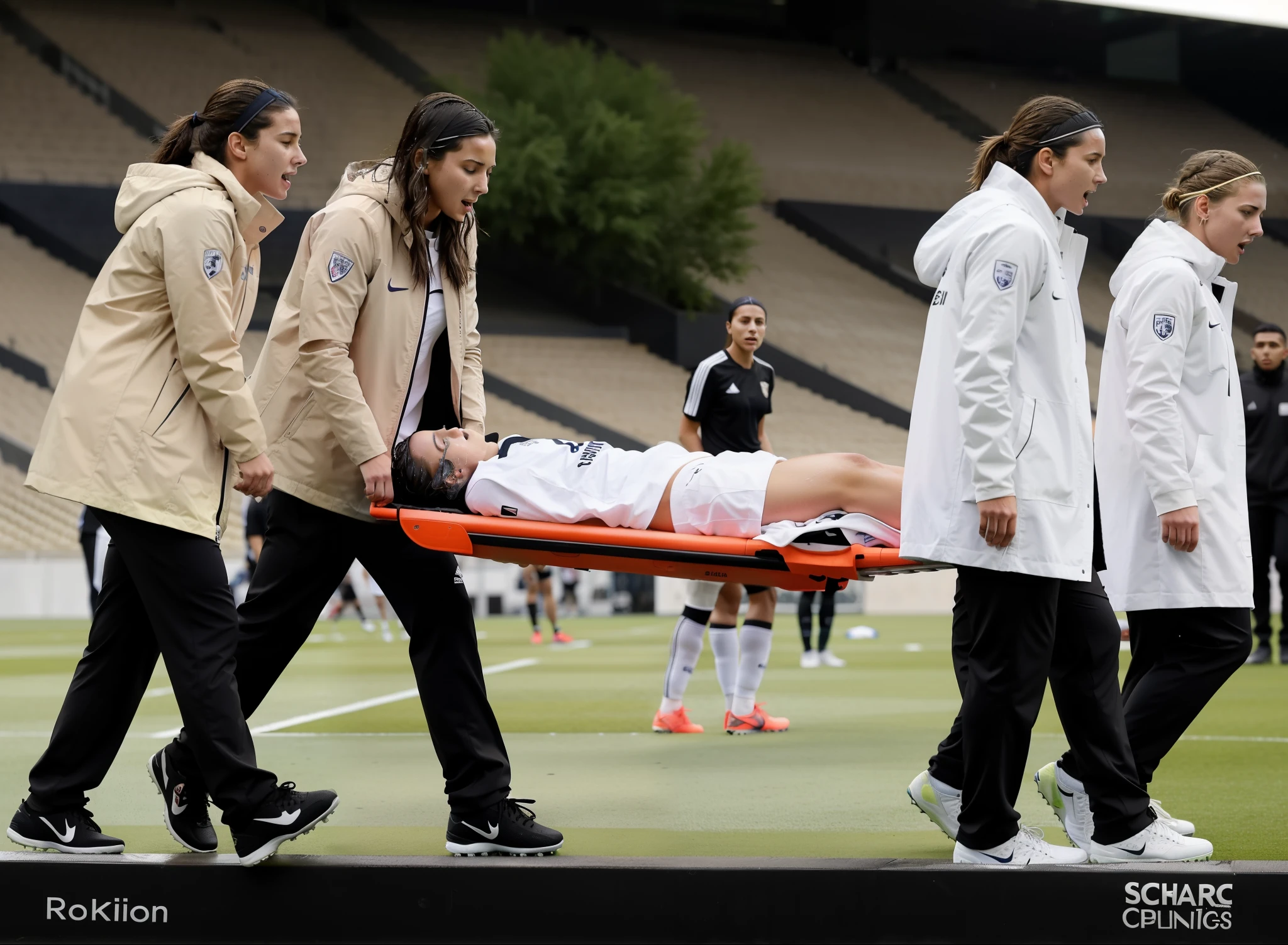 soccer accident, sports injury, soccer match in a crowded stadium, injury scene, there is a sportsman in matte cotton sportswear lying injured on a stretcher, there is an injured sportsman in matte cotton sportswear lying on his side on a stretcher with a bandaged ellbow, an injured sportsman in matte cotton sportswear is lying on his side on a strecher being carried by an extrovert blond woman in a high shine long moncler coat, an injured sportsman is writhing in ecstasy on a stretcher while lying on his side, dramatic pity pose, there is a blond shouting and crying woman in a high-shine puffy coat, a high-shine black down coat, a long black moncler coat, a wetlook down coat, a wet black laquered coat, a excited screaming blond woman is wearing a wetlook black latex-coat, injured, medic, soccer action pose, affection pose, lecherous action pose, dramatic action pose, theatralic pose, there is an attractive woman that is carrying a sportsman in matte cotton sportswear, there is a beautiful woman in a shiny coat who is carrying a man on a stretcher, a longhaired beautiful woman in a high-shine black puffy coat, a longhaired woman in a shiny downcoat, a woman is carrying a shorthaired man in matte cotton sportswear on a stretcher, a weak man in spots shorts is consciousless and needs to be carried, a shorthaired man with a bandaged ellbow is carried away on a stretcher, a woman looks very scared and terrified, a sportsman in matte cotton sportswear is suffering very much on a stretcher, photo, photo shoot, photographed , accident, help, aid, first aid, pity