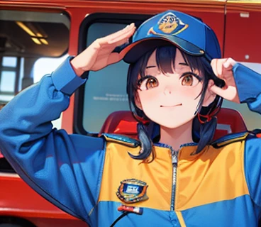 arafed woman in blue and orange uniform saluting for a fire truck, 