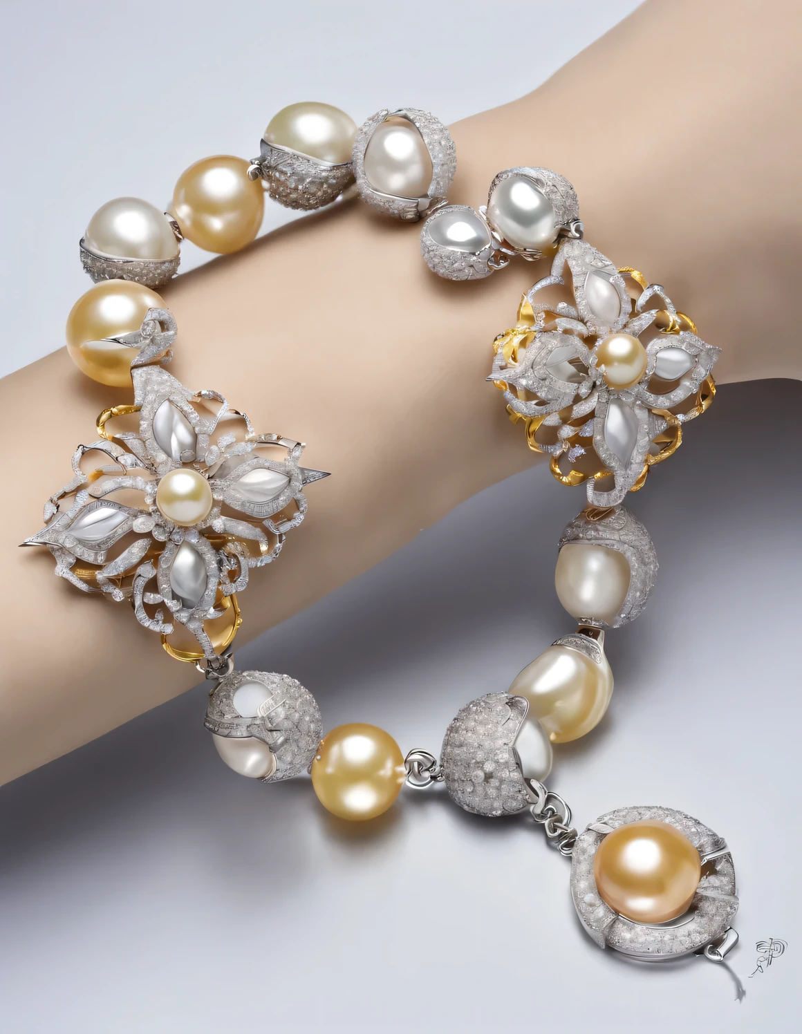 Aztec empire style , portrait,In 1920,Unique pearl and diamond bracelet style bracelet,Stand out with its exaggerated design and exquisite craftsmanship。First of all, this kind of bracelet is very visually impactful..。its beads are larger than ordinary ones,and extremely dense。Some pearls are as big as quail eggs,The surface shines with a deep luster,Seems to reflect everything around it。And the inlay of diamonds is even more bold,Each one is as bright as a star,Covers almost the entire surface of the bracelet。
The chain part of the bracelet is return different。it不是由单一的黄金或platinum制成,it is made of a mixture of various metals,such as gold、platinum、rose gold etc..,Create unique color contrasts。The shape of the chain is return carefully designed,distortion、bending,return,This kind of bracelet usually comes with various pendants and decorations。Some pendants are heart-shaped,Some are flowers or other abstract shapes。These pendants and ornaments feature pearls and diamonds,Make the whole bracelet look more gorgeous and exaggerated。This bracelet is very eye-catching,几乎所有的目光都会被it吸引。People who wear this kind of bracelet will undoubtedly become the focus of banquets or social occasions.。it'More than just a decoration,it is return a symbol of personality and status.。