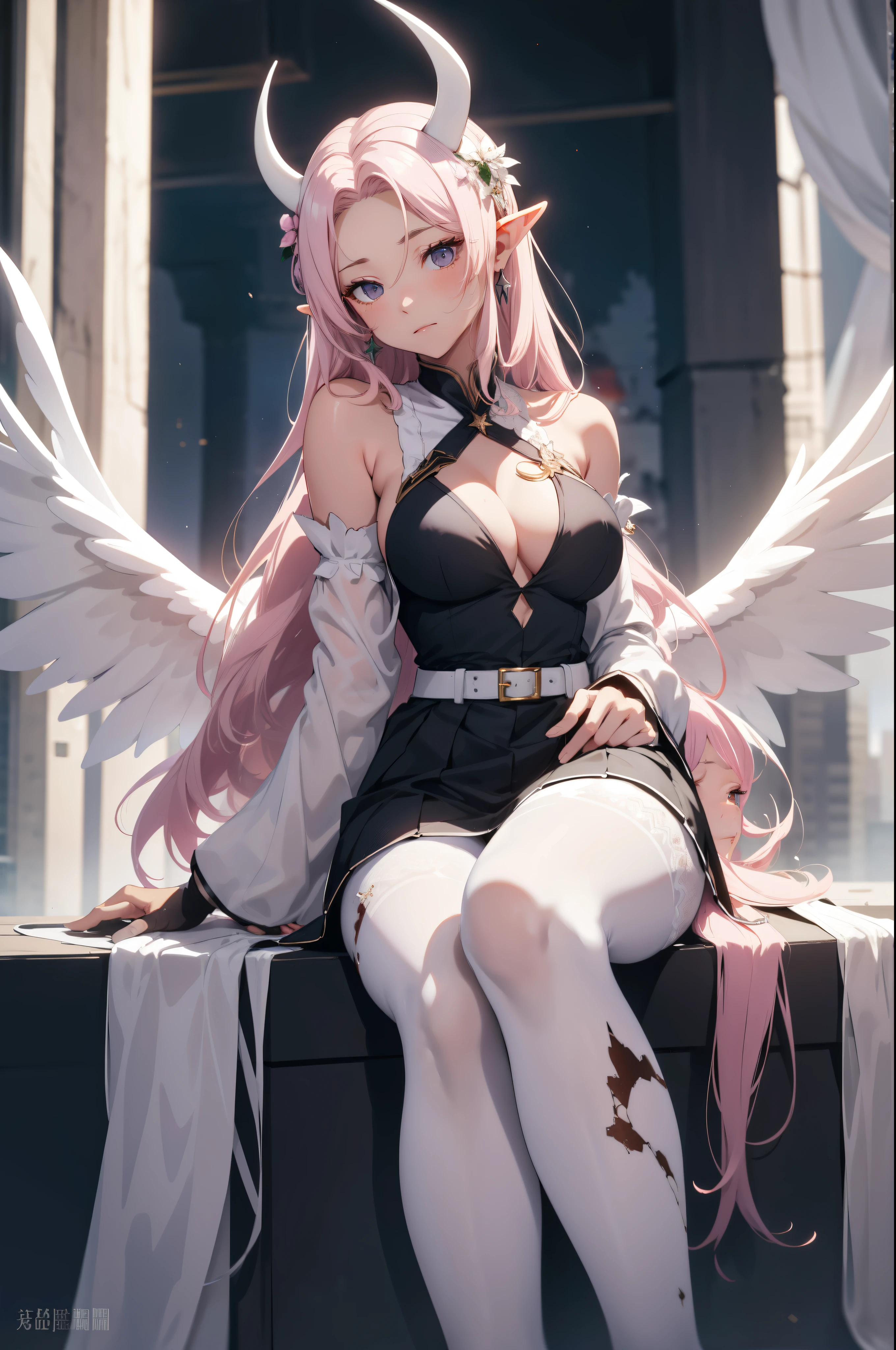 giant girl 50,000 feet high,Weight 1000kg,Have a pair of long legs,Keep your eyes open,Has three pairs of huge white angel wings,With huge devil horns on his head,wear a crown on your head,Elf wearing white earrings,She has long pink hair that reaches her feet,loose hair,Pink wavy long curly hair,Wearing a pair of black boots on her feet,white sleeves,Wearing white lace pantyhose,Bow and star embellished tights,白色蕾丝whole body,Sit on a tall building,Beautiful appearance,Exquisite makeup,quality,8k,高quality,Perfect proportion, Cinema lighting,film grain,Fuji colors,8k,textured skin,Super details,high detail,high resolution,charming,blood stains,脚底有blood stains,whole body,fat,elf princess,feather,flowers