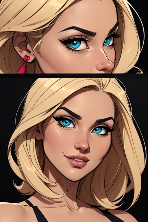 (cartoon style:1.2), Drawings of ([Sunny Leone]), perfect eyes, detailed face, black background, fun posing, flirty look, Centered, scale to fit the dimensions