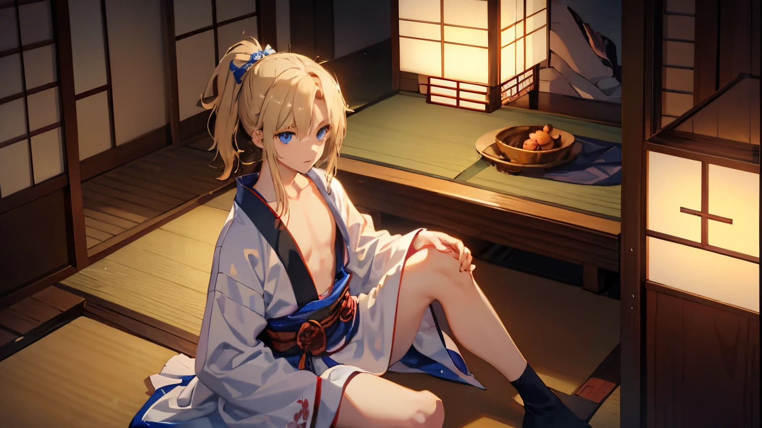 1boy,Masculinity,blond hair,ponytail,blue eyes,no bra,A Japanese-style room,late at night,alone,kimono,Sitting