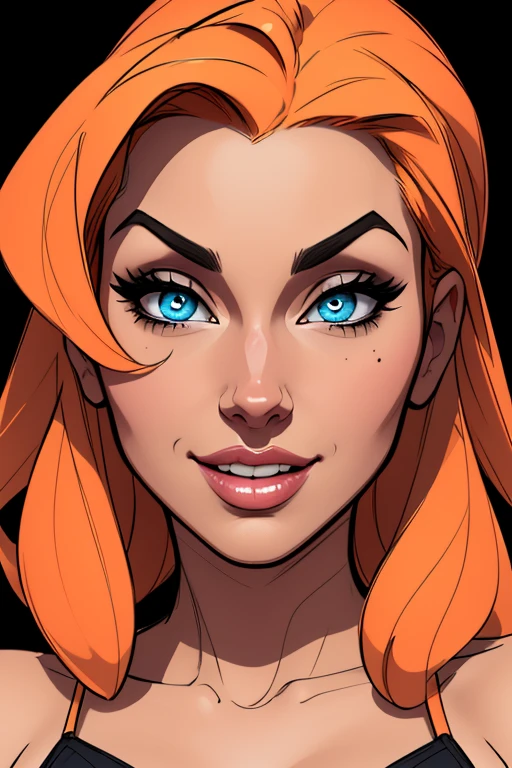 (cartoon style:1.2), Drawings of ([Sunny Leone]), perfect eyes, detailed face, black background, fun posing, flirty look, Centered, scale to fit the dimensions