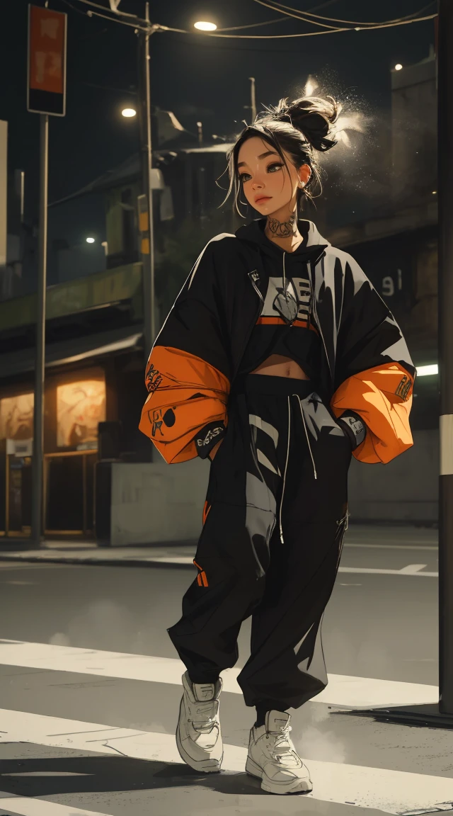 Diniti, (There is a black smoke effect around the head,  Steam effect) tattoo, working, night scenery, beautiful woman, Ultra HD portraits, (high quality) (Ultra-detailed) Looking at the audience dressed in hip-hop style streetwear; distinct, Colorful, long trousers 🌈