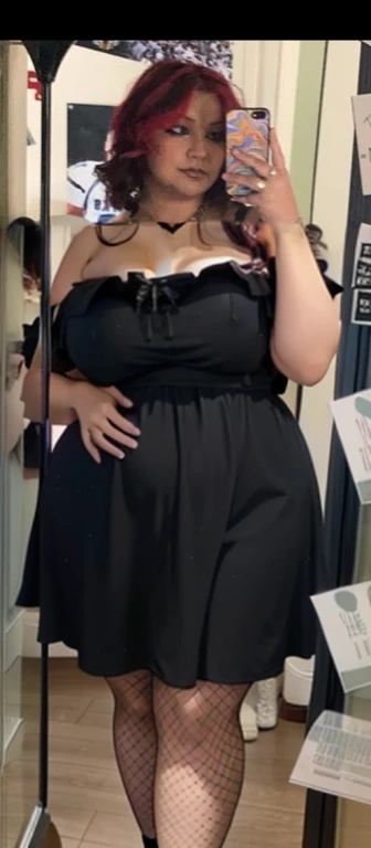 there is a woman that is taking a picture in the mirror, she is wearing a black dress, full body picture, taken in the early 2020s, cute black dress, zoomed out full body, wearing a black dress, she has a jiggly fat round belly, taken in the late 2000s, Big tits, huge tits, no clothes, sexy, cute, wide hips, thick thighs, pear-shaped body, minimal clothes, thick, bbw, chubby stomach, thick nipples, nipple piercings, large areola, hard nipples, piercing through shirt, nipples hard through shirt, busty, major cleavage, naked, ripping through top,  spilling over sides, bra too tight, giant tits, dominatrix, dominatrix clothes, fat stomach, fat belly showing, grabbing sexy jiggly fat round belly