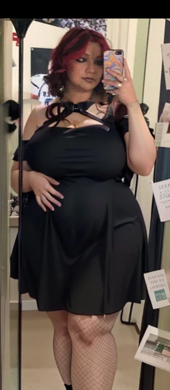 there is a woman that is taking a picture in the mirror, she is wearing a black dress, full body picture, taken in the early 2020s, cute black dress, zoomed out full body, wearing a black dress, she has a jiggly fat round belly, taken in the late 2000s, Big tits, huge tits, no clothes, sexy, cute, wide hips, thick thighs, pear-shaped body, minimal clothes, thick, bbw, chubby stomach, thick nipples, nipple piercings, large areola, hard nipples, piercing through shirt, nipples hard through shirt, busty, major cleavage, naked, ripping through top,  spilling over sides, bra too tight, giant tits, dominatrix, dominatrix clothes, fat stomach, fat belly showing, grabbing sexy jiggly fat round belly