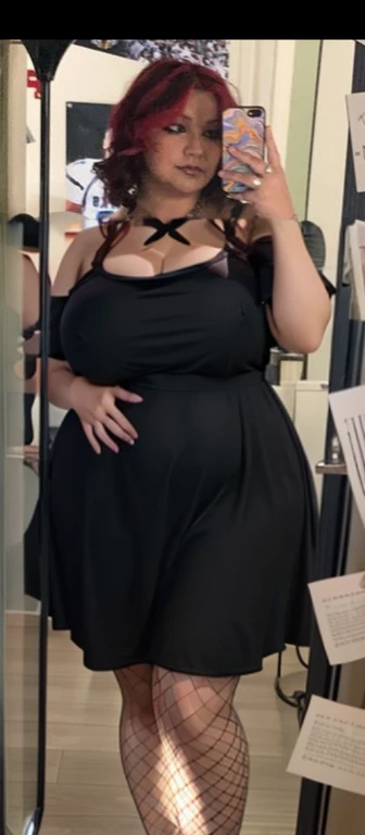 there is a woman that is taking a picture in the mirror, she is wearing a black dress, full body picture, taken in the early 2020s, cute black dress, zoomed out full body, wearing a black dress, she has a jiggly fat round belly, taken in the late 2000s, Big tits, huge tits, no clothes, sexy, cute, wide hips, thick thighs, pear-shaped body, minimal clothes, thick, bbw, chubby stomach, thick nipples, nipple piercings, large areola, hard nipples, piercing through shirt, nipples hard through shirt, busty, major cleavage, naked, ripping through top,  spilling over sides, bra too tight, giant tits, dominatrix, dominatrix clothes, fat stomach, fat belly showing, grabbing sexy jiggly fat round belly