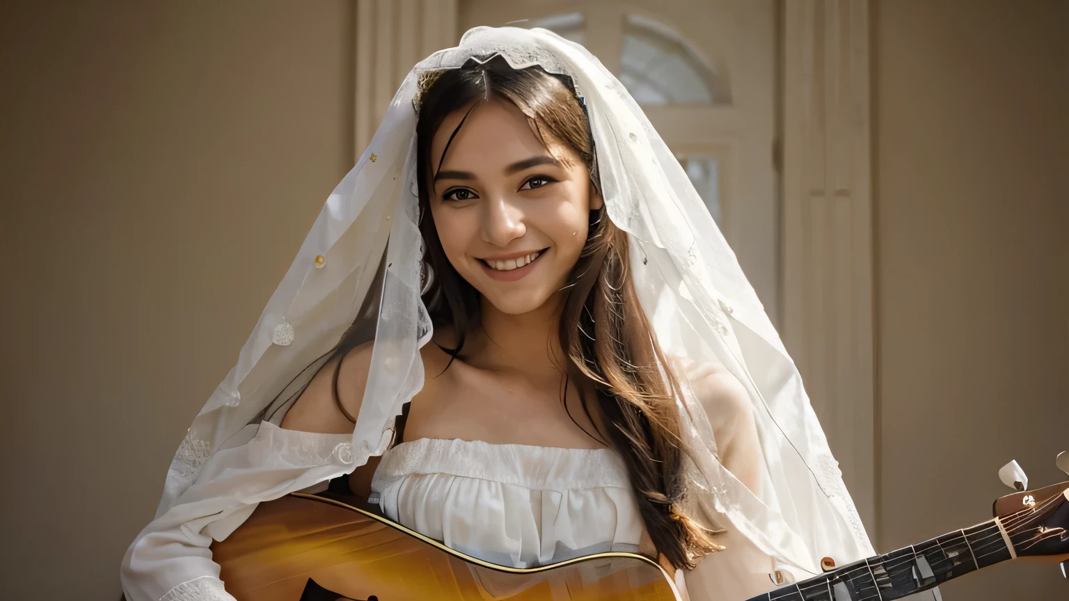 bonita sorridente, white veil over head, Vestido longo colorido, playing guitar
